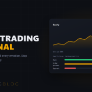 TradingBlog Diary dashboard: equity curve and emotional thermometer on a dark amber theme