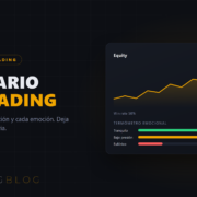 Panel de TradingBlog Diary: curva de equity y termómetro emocional en tema oscuro ámbar