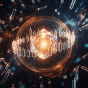 Nucleo di cristallo che emette un campo di forza con candele di vetro in orbita, concetto di gamma exposure