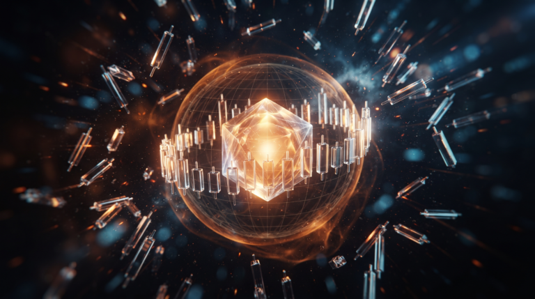 Nucleo di cristallo che emette un campo di forza con candele di vetro in orbita, concetto di gamma exposure