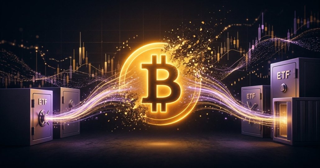 Bitcoin che si dissolve in flussi di luce assorbiti dai vault degli ETF