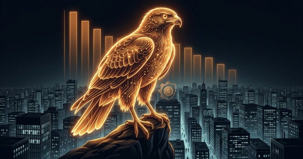 Falco di luce ambra sopra una citta al buio: NFP debole ma Fed falco