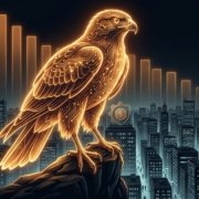 Falco di luce ambra sopra una citta al buio: NFP debole ma Fed falco
