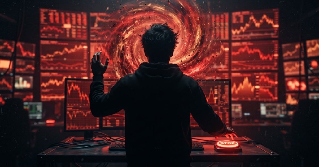 Trader nel vortice rosso del tilt con una mano sul pulsante STOP