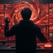 Trader nel vortice rosso del tilt con una mano sul pulsante STOP