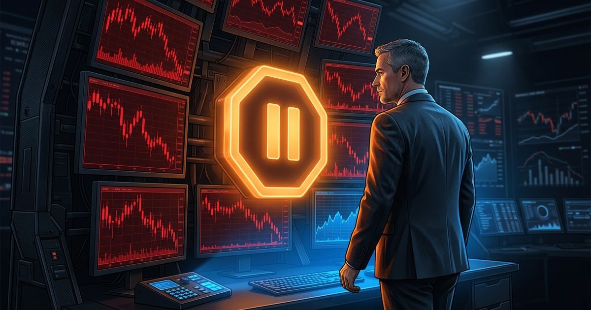 Trader disciplinato che si ferma davanti a un pulsante di stop luminoso