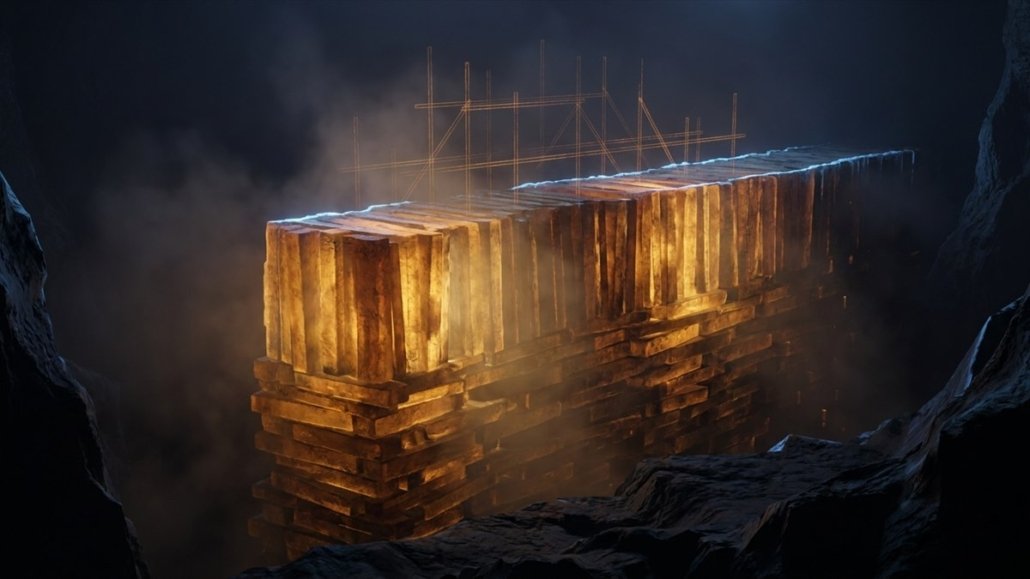 Muro monumentale fatto di blocchi luminosi ambra impilati che emerge dal buio, con la sommità tagliata di netto e un'impalcatura di luce sospesa sopra il taglio, come un lavoro lasciato a metà