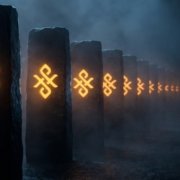 Long row of identical stone slabs lit in amber, lined up in the dark like the pages of an endless ledger, each one carved with the same mark as the one before it