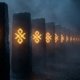 Long row of identical stone slabs lit in amber, lined up in the dark like the pages of an endless ledger, each one carved with the same mark as the one before it
