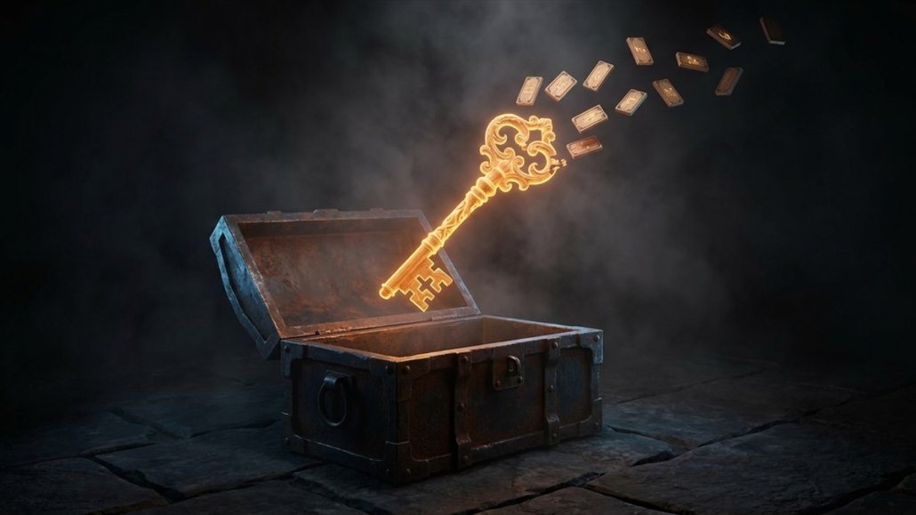 Large ornate key made of amber light dissolving at one end into twelve small carved luminous tiles, floating above an open iron chest that is completely empty, on dark stone
