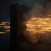 Bundle of amber light streaks hurled at high speed against a dark stone monolith that does not move an inch, the streaks bursting into sparks against its face while a few pass beyond it into the dark meeting nothing