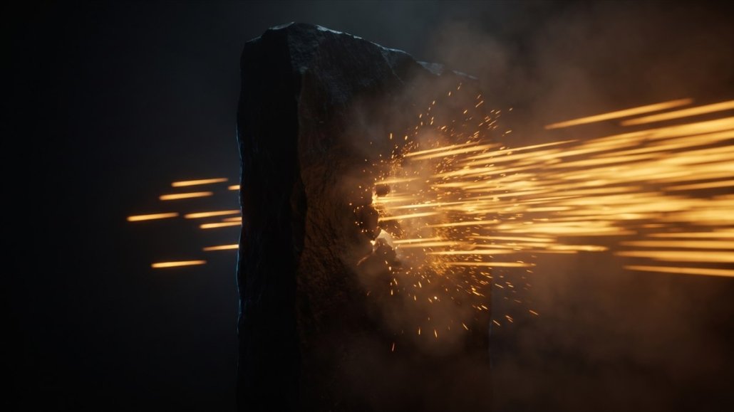 Haz de estelas luminosas ámbar lanzadas a gran velocidad contra un monolito de piedra oscura que no se mueve ni un milímetro, con las estelas estallando en chispas contra su cara mientras algunas pasan de largo hacia la oscuridad sin encontrar nada