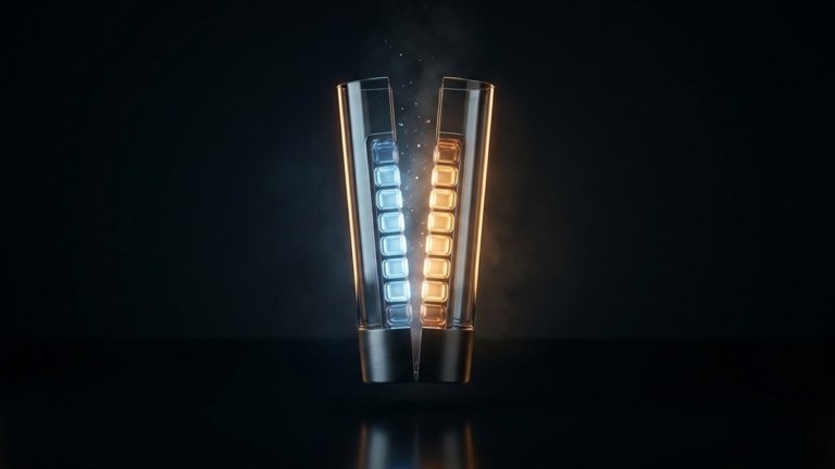 Candela di vetro spaccata a metà che rivela dentro di sé una scala di celle luminose, azzurre da un lato e ambra dall'altro, concetto di candela bid/ask