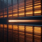 Pared vertical de bloques luminosos ámbar parecida a un perfil de volumen, atravesada por una franja completamente vacía por la que una estela de luz corre veloz sin encontrar obstáculos
