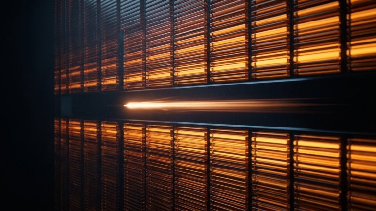 Pared vertical de bloques luminosos ámbar parecida a un perfil de volumen, atravesada por una franja completamente vacía por la que una estela de luz corre veloz sin encontrar obstáculos