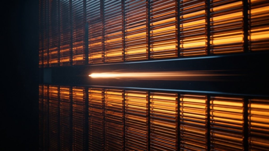 Parete verticale di blocchi luminosi ambra simile a un profilo dei volumi, attraversata da una fascia completamente vuota dentro la quale una scia di luce corre veloce senza incontrare ostacoli