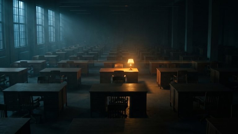 Enorme oficina desierta de noche, filas de escritorios vacíos que se pierden en la oscuridad y un único escritorio iluminado por una lámpara ámbar, imagen del mercado laboral estadounidense congelado