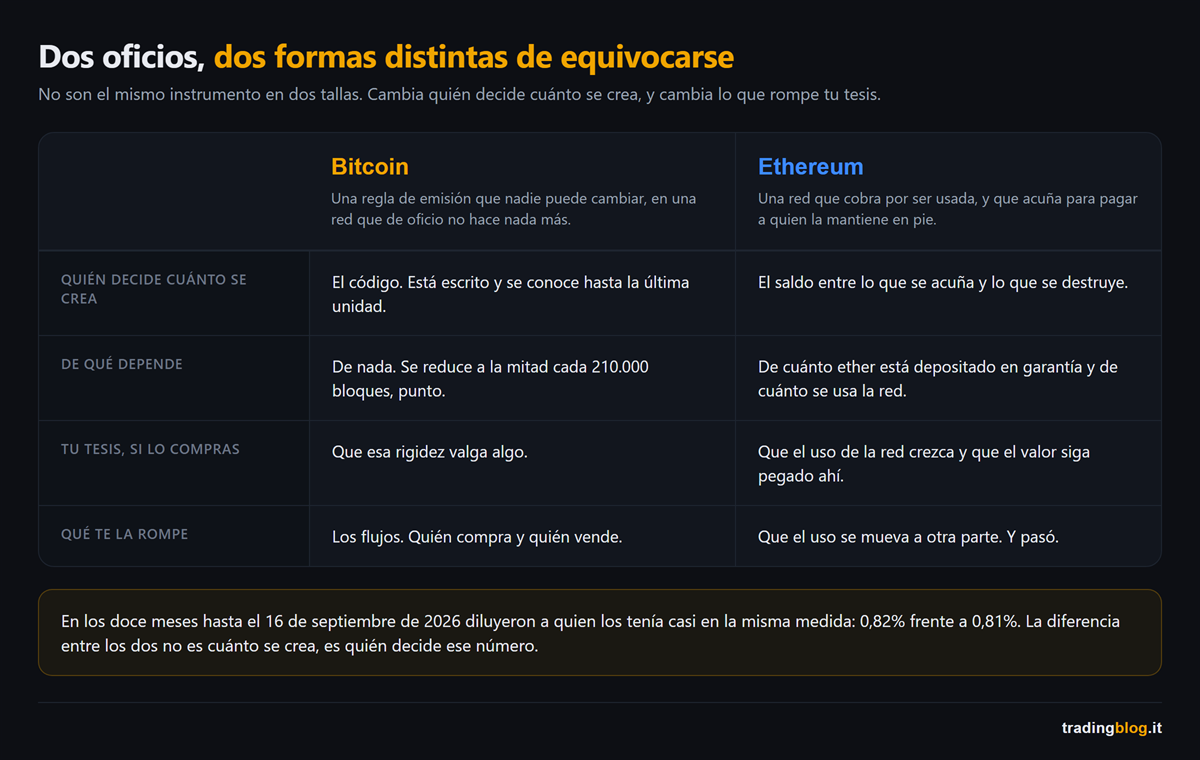 Tabla que compara bitcoin y ethereum en cuatro filas: quién decide cuánto se crea, de qué depende, cuál es la tesis de quien lo compra y qué se la rompe