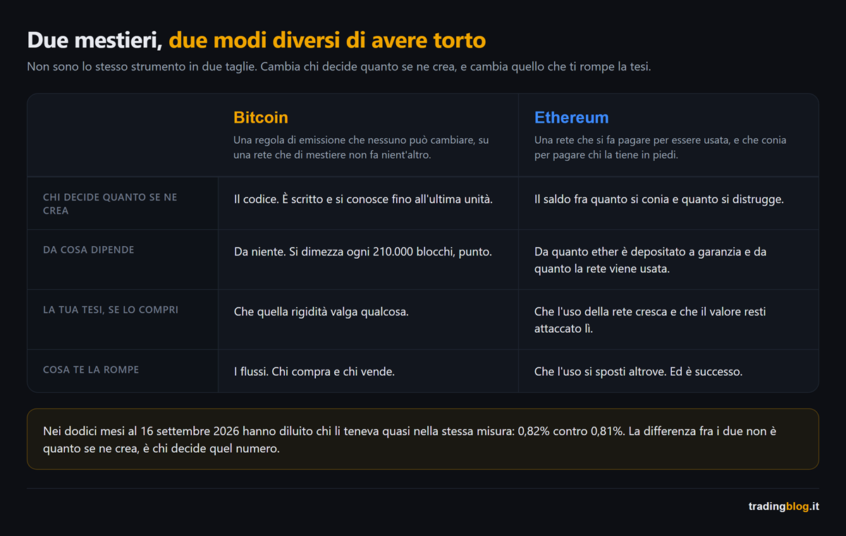 Tabella che confronta bitcoin ed ethereum su quattro righe: chi decide quanto se ne crea, da cosa dipende, qual è la tesi di chi lo compra e che cosa gliela rompe