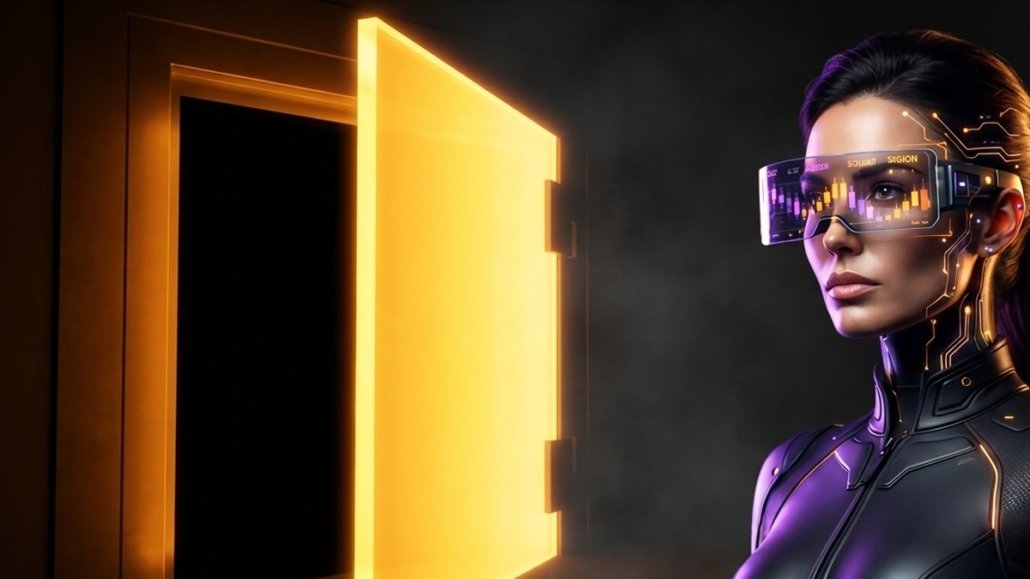 La trader del futuro col visore ambra e viola guarda una monumentale porta di caveau fatta di luce che, vista di lato, si rivela una lastra sottilissima appoggiata sul vuoto, senza niente dietro