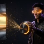 The trader of the future with the amber visor rests his hand on a large glowing metal dial, connected by rays of light to a volume profile in which the central band of bars glows amber while the others stay dark