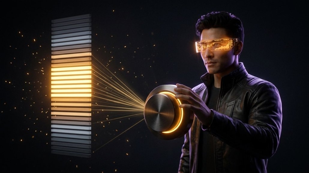 Il trader del futuro col visore ambra tiene la mano su una grande manopola di metallo illuminata, collegata da raggi di luce a un profilo di volumi in cui la fascia di barre centrale brilla in ambra mentre le altre restano spente