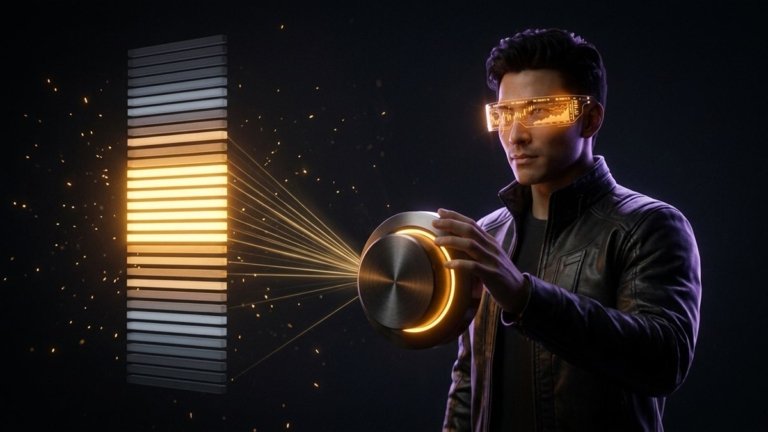 Il trader del futuro col visore ambra tiene la mano su una grande manopola di metallo illuminata, collegata da raggi di luce a un profilo di volumi in cui la fascia di barre centrale brilla in ambra mentre le altre restano spente