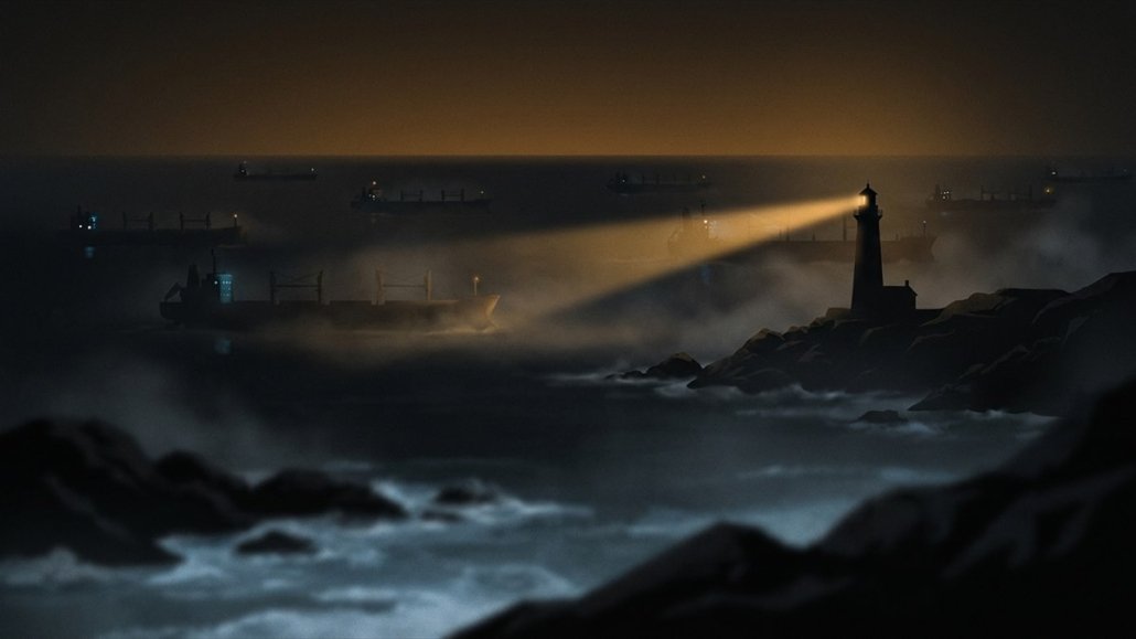 Un faro sobre un acantilado de noche ilumina una bahía llena de buques de carga fondeados, a contraluz ámbar.