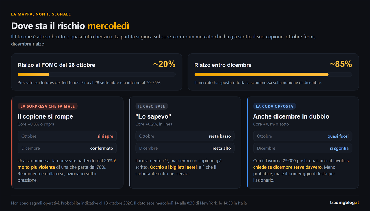Schema di dove sta il rischio sul CPI di settembre: rialzo della Fed a ottobre prezzato intorno al 20% e a dicembre intorno all'85%, e cosa tende a spostare un core a +0,3% o sopra, a +0,2% o a +0,1% o sotto