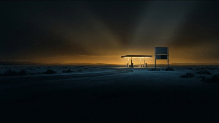 Una stazione di servizio isolata su una strada deserta di notte, la pensilina illuminata e un cartello dei prezzi spento, con un bagliore ambra all'orizzonte