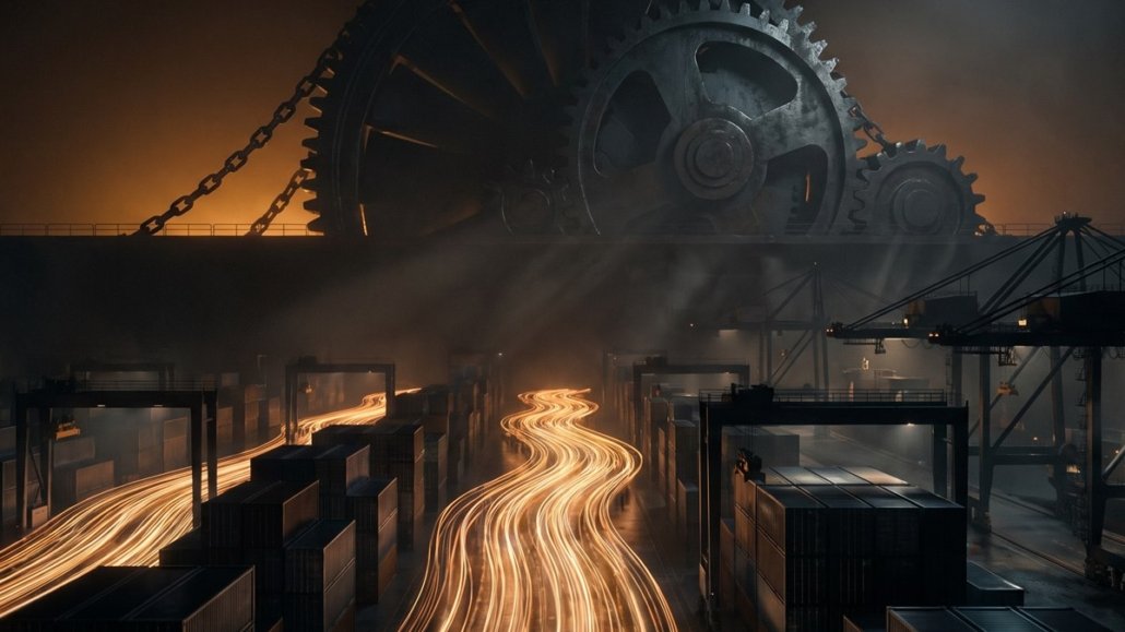 A container port at night with huge steel gears and trails of amber light running between the containers.