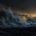 A concrete breakwater at night beneath the waves, with a stretch of the wall collapsed in the distance and an amber backlight on the horizon.