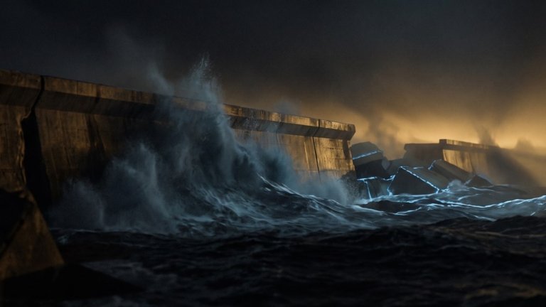 A concrete breakwater at night beneath the waves, with a stretch of the wall collapsed in the distance and an amber backlight on the horizon.