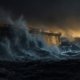 Un rompeolas de hormigón de noche bajo las olas, con un tramo del muro derrumbado a lo lejos y un contraluz ámbar en el horizonte.