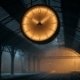 A large station clock with its face lit in amber, under an iron and glass canopy, at night, above the empty tracks.
