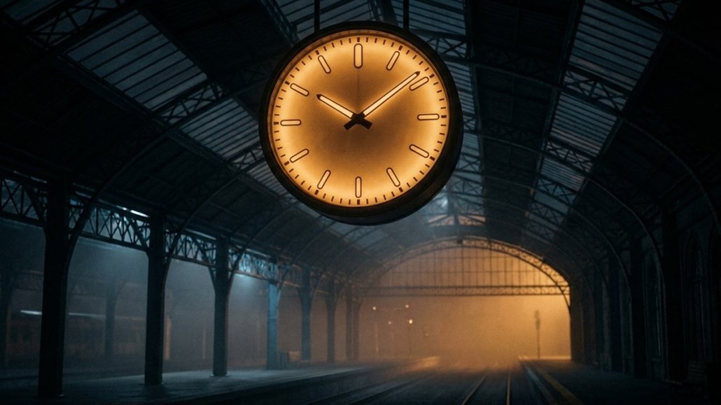 Un gran reloj de estación con la esfera iluminada de ámbar, bajo una marquesina de hierro y cristal, de noche, sobre las vías vacías.