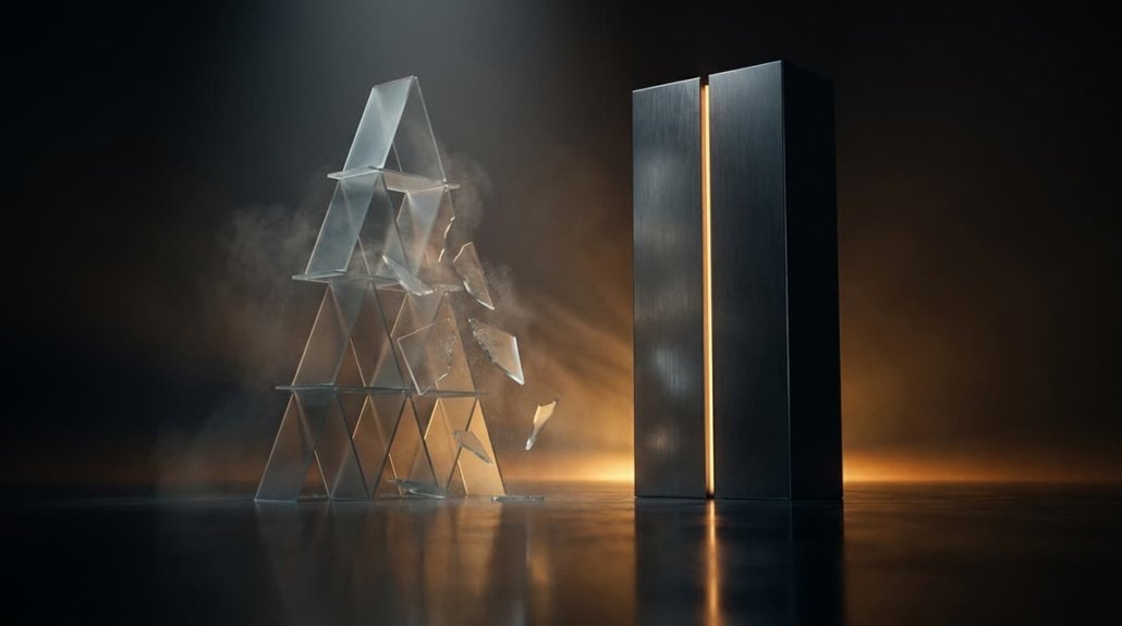 Un castillo de naipes hecho de finas láminas de cristal que se derrumba junto a un monolito de acero oscuro intacto con una rendija de luz ámbar, sobre un suelo negro reflectante.